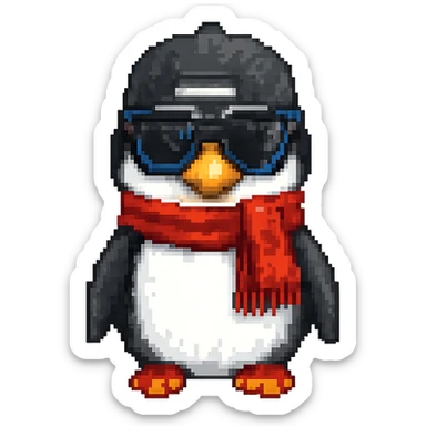 Add a red scarf to the penguin in pixel art style, with no background. Maintain the pixel art aesthetic and details. sticker
