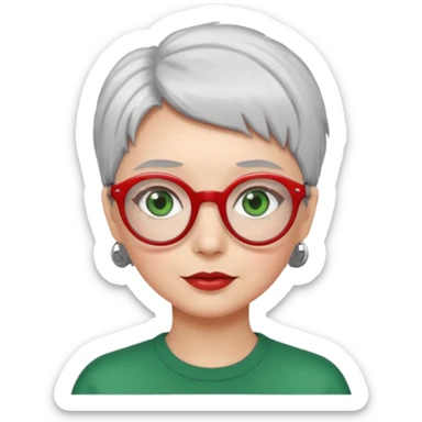 visage femme a lunettes fine ronde rouge avec cheveux courts gris-blancs aux yeux verts sticker