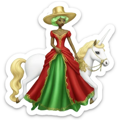 "galora green blonde alien woman" in red Victorian elegant dress, full body, rides unicorn gold and white
 sticker