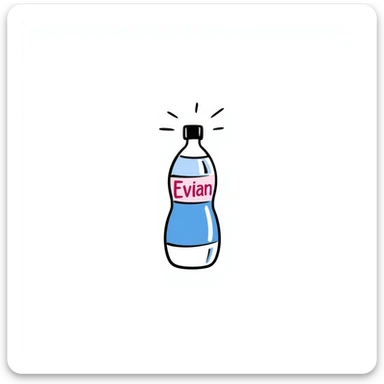 Evian water bottle, hand-drawn doodle style, playful, blue and pink label, white background sticker