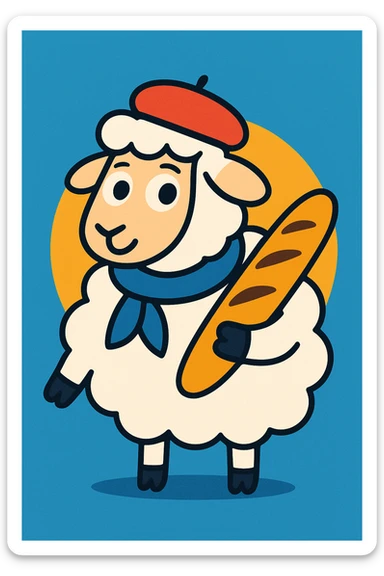 a sheep from France wearing a beret and holding a baguette, vibrant toon style sticker