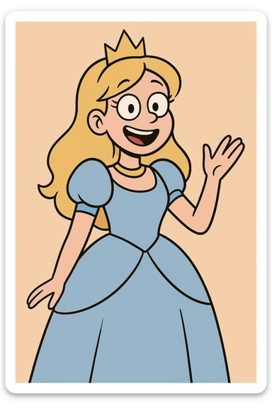 princess with a baby blue dress, cartoon style, cheerful expression, simple background sticker