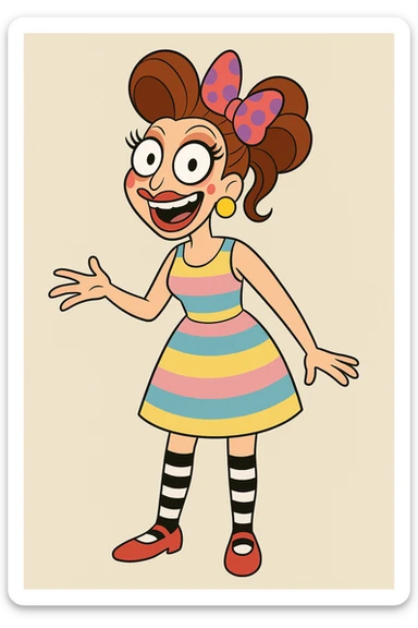 Bianca Del Rio red and purple spots hair ribbon yellow pink blue and Stripes dress black and white stripes socks red shoes  sticker