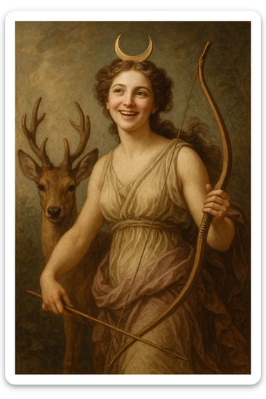 Happy Diana, the goddess of the hunt, with a deer companion, holding a bow, crescent moon crown, joyful expression, mythological style sticker