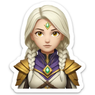 female novice warlock from Destiny 2, long white braided hair, gold yellow eyes, no helmet, wearing Destiny 2 warlock armor sticker