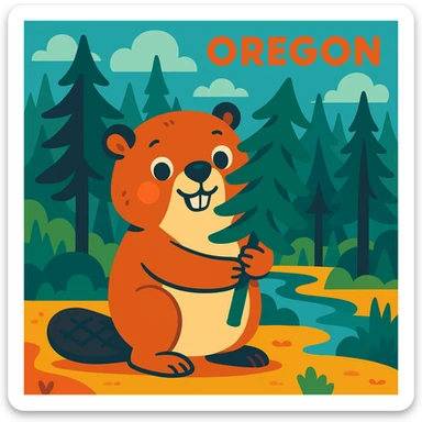 a beaver holding a pine tree, Oregon forest background, cute style, vibrant toon sticker