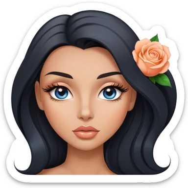Glamours, tanned, very beautiful girl, with big pump peach-beige-rose lips, long long lashes, black straight smooth silky long hair, straight parting hair, blue-grey eyes sticker