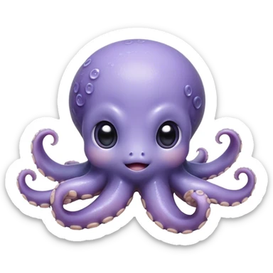 Cinematic Cute Shy Baby Octopus Portrait Emoji, Tentacles tucked slightly inward in an adorably bashful pose, featuring a softly glowing, round light blue-purple body with enormous, soulful eyes peering out timidly, Simplified yet irresistibly adorable features, highly detailed, glowing with a delicate, soothing marine radiance, high shine, quiet yet expressive, stylized with an air of gentle mystery, soft glowing outline, capturing the essence of a tiny, shy deep-sea creature that seems as if it could slowly peek out and explore the world with cautious curiosity! sticker