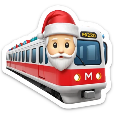 Apple iOS style 3D emoji of a
Moscow Metro train (modern
"Moskva-2020" model) decorated for
New Year. The train has a large red Santa hat on its front and is wrapped in glowing LED garlands. A bright iconic red letter
"M" logo is positioned next to it. Smooth glossy plastic, soft 3D render,  sticker