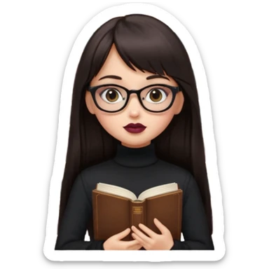 generate a pretty bratz girl with black small square spectacles, dark lipstick, black turtleneck , books in hand, dark brown straight long hair with bangs, eyeliner on,  sticker