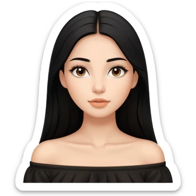 A realistic 3D avatar of a young woman with a soft oval face, slim cheeks, natural almond eyes, long straight black hair, minimal makeup, wearing a black off-shoulder top, elegant and aesthetic, tanned skintone. sticker