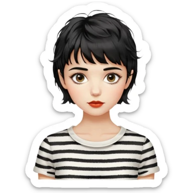 Gorgeous french woman short french haircut tousled textured messy wavy hair short straight-across blunt baby bangs black hair Amelie elegant woman with beautiful hair aesthetic striped white shirt sticker