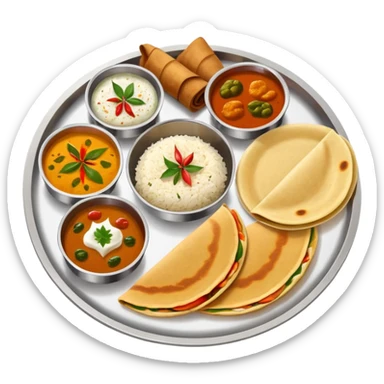 South Indian thali platter with dosa, sambar, chutneys, and rice sticker