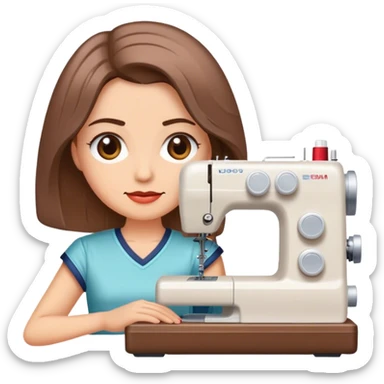 Mujer con cabello a la altura de hombros, cabello color chocolate claro, con máquina de coser  sticker