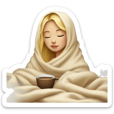 Blonde girl inside a blanket sipping coffee eyes closed sticker