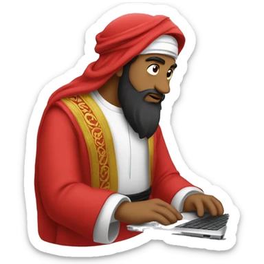 A caliph with red clothes writing in a laptop sticker