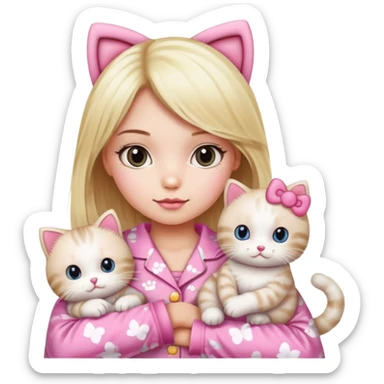 Blonde girl wearing pink Hello Kitty pajamas with two ragdoll cats sticker