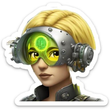 Caucasian female cyborg head with Neon yellow bobbed hair, silver steampunk goggles and circuits sticker