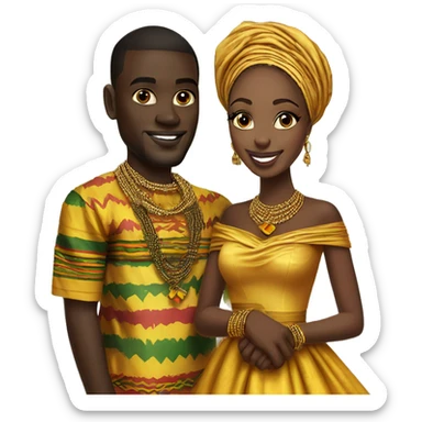 Ghanaian bride and groom. Gold jewelry with kente off shoulder dress. Kente Cloth sticker
