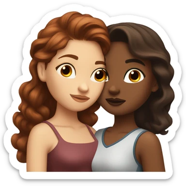 dark red haired girl kissing curled brunette hair girl they’re both white but the brown haired girl is a bit tanner  sticker