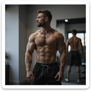 Uomo che si allena in palestra, esegue plank, abbigliamento sportivo, fisico atletico, atmosfera motivazionale, dettagli iperrealistici 4K, ambiente moderno da palestra. sticker