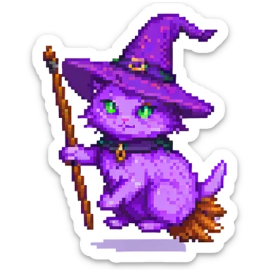 A purple witch cat, pixel art style, flying on a broom. sticker