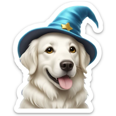 White Golden retriever wearing a wizard hat sticker
