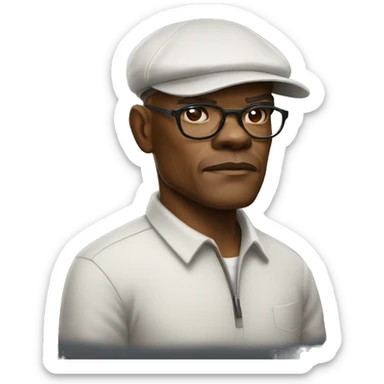 bald samuel l jackson serious wearing shirt and Kangol sticker