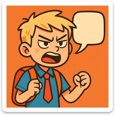 school student, light-haired boy, irritated and showing dislike, saying something, vibrant toon style sticker