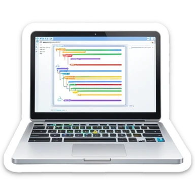 An icon featuring a laptop screen with colorful lines of code, brackets, and a blinking cursor, symbolizing programming. The design includes flowcharts, gear icons, and binary code, representing software development and logical problem-solving. Transparent background highlights the world of coding. sticker