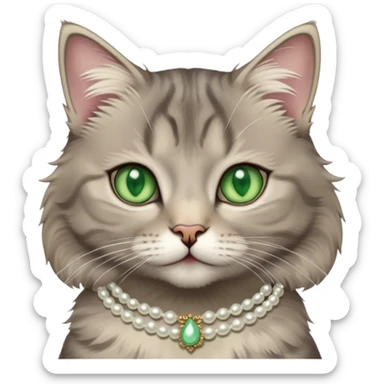 fluffy grey tabby cat with green eyes, white tummy, and a pearl necklace  sticker