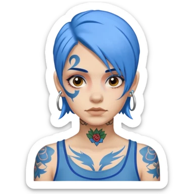 woman with blue hair and a face tattoo with neutral expression sticker