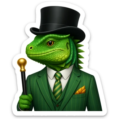 Add a top hat and cane to the iguana in a pinstripe suit in the style of apple emojis. Keep the apple emoji style consistent with the original image. sticker