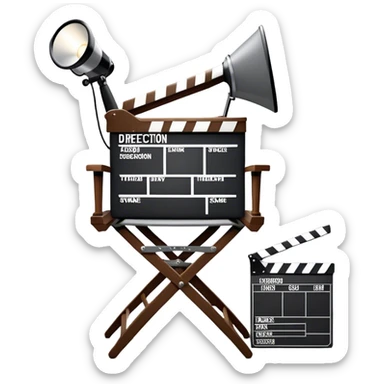 Icon for Directing: a director's chair, a film slate, a megaphone, and a stage set with lights. The icon should represent the creative and leadership aspects of directing, with focus on film and theater production. Transparent background. sticker