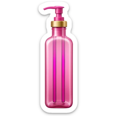 A tall, translucent bottle in a vibrant pink shade with a glossy finish. It has a rectangular shape with rounded edges and a thick base. The pump-style cap is metallic pink. In the center, there are curved graphic elements and vertical lines, with text in white and gold. sticker