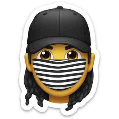 Common emoji with a people wearing a black mask on eyes, shirt with black and white stripe, black Cap  sticker