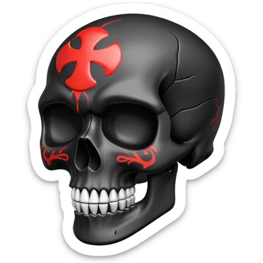 smooth black skull with rebellious graffiti and brand logos, slightly tilted angle sticker