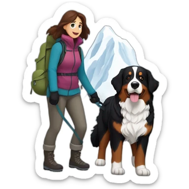 bernese mountain dog hiking with a woman with brown hairr a mountain in snow sticker