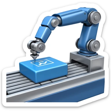 robot arm which is picking blue block on conveyor belt sticker