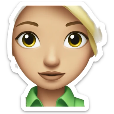 Pretty long blonde hair, green eyes, long eyelashes and a pink shirt sticker