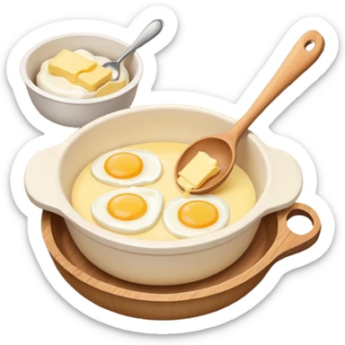 A cream ceramic baking bowl with a wooden spoon in it, a carton of eggs and butter sticker