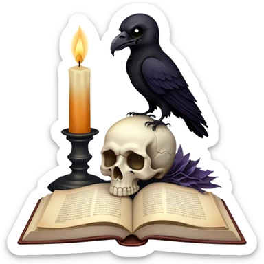 Icon for Horror and Mystery Reading: an open book with eerie shadows and mist rising from the pages, a candle, a skull, and a raven perched nearby. The icon should evoke the suspense, fear, and supernatural atmosphere of horror and mystery stories. Transparent background. sticker