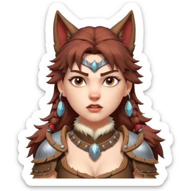barbarian woman riding a wolf portrait, head and shoulders only, wolf head visible, fur-lined armor collar, fierce expression, fantasy style, 3D cartoon, mobile game icon style, clean background, no text, no watermark sticker