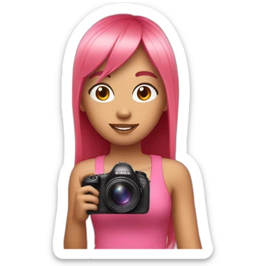 girl with long, straight rose hair with bangs and holding camera and wearing pink tank top sticker