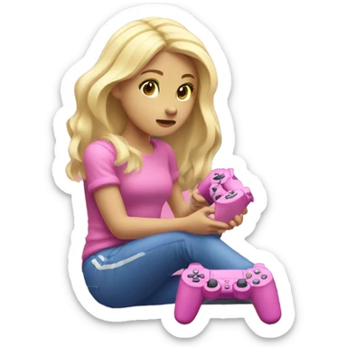 White blond girl playing next to pink PlayStation  sticker