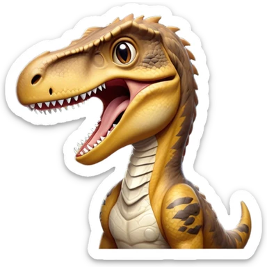 Cinematic Realistic Cute Yawning velociraptor/T-rex Portrait Emoji, Head tilted slightly with a dramatic, wide-open yawn, showcasing a massive, rugged scaled hide with subtly drooping features and half-closed, drowsy eyes rendered in authentic prehistoric detail, high shine, relaxed yet expressive, styled with a dash of ancient charm, soft glowing outline, capturing the essence of a sleepy yet affectionate velociraptor/T-rex that appears ready to stretch out and settle into a timeless nap! sticker