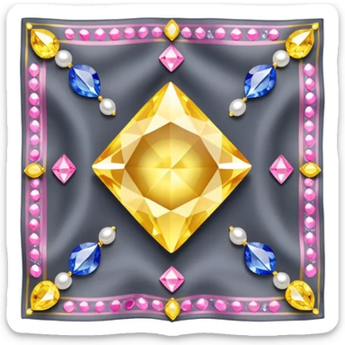 Gems, pearls, yellow diamonds, pink diamonds and sapphire gems on a dark grey silk scarf  sticker