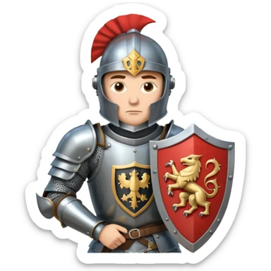 An emoji portrait of a medieval knight. He wears a suit of armor with a stylized helmet. His expression is serious and determined, and he holds a shield with a family crest. sticker