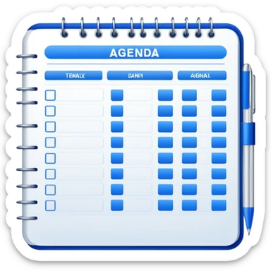 An open daily planner showing agenda items with checkboxes for a meeting sticker