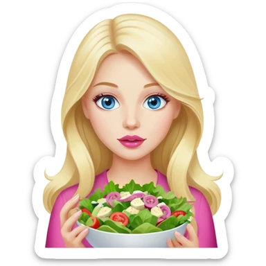 Cinematic realistic blonde with long hair, blue eyes and pink lips eats salad sticker